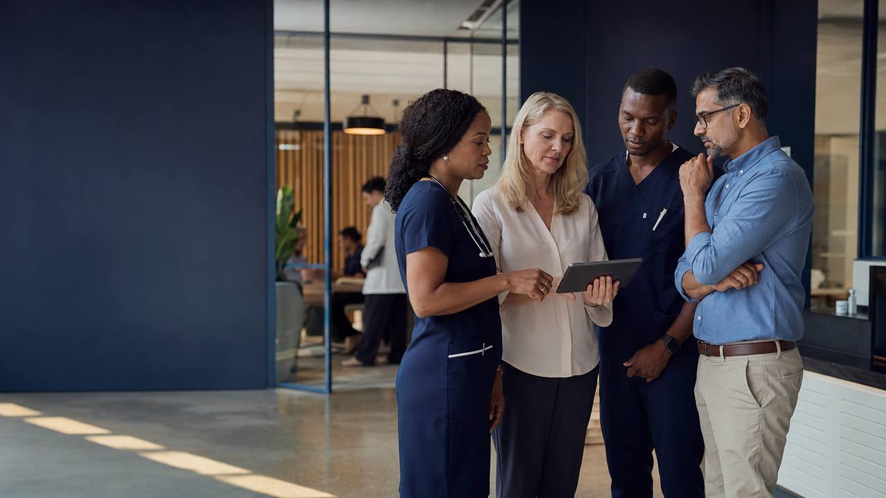 A multidisciplinary care team reviewing information together on a tablet.