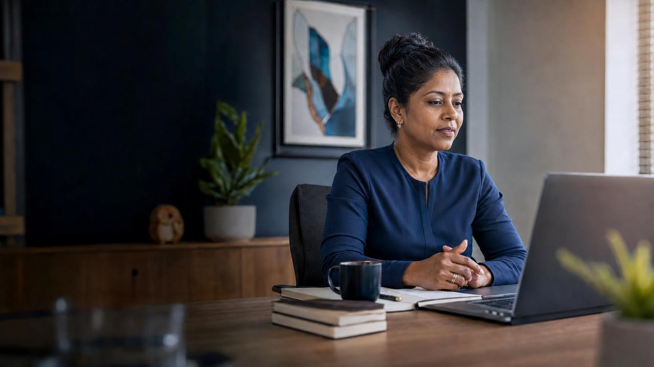 A healthcare practitioner consulting with a patient remotely from her practice.